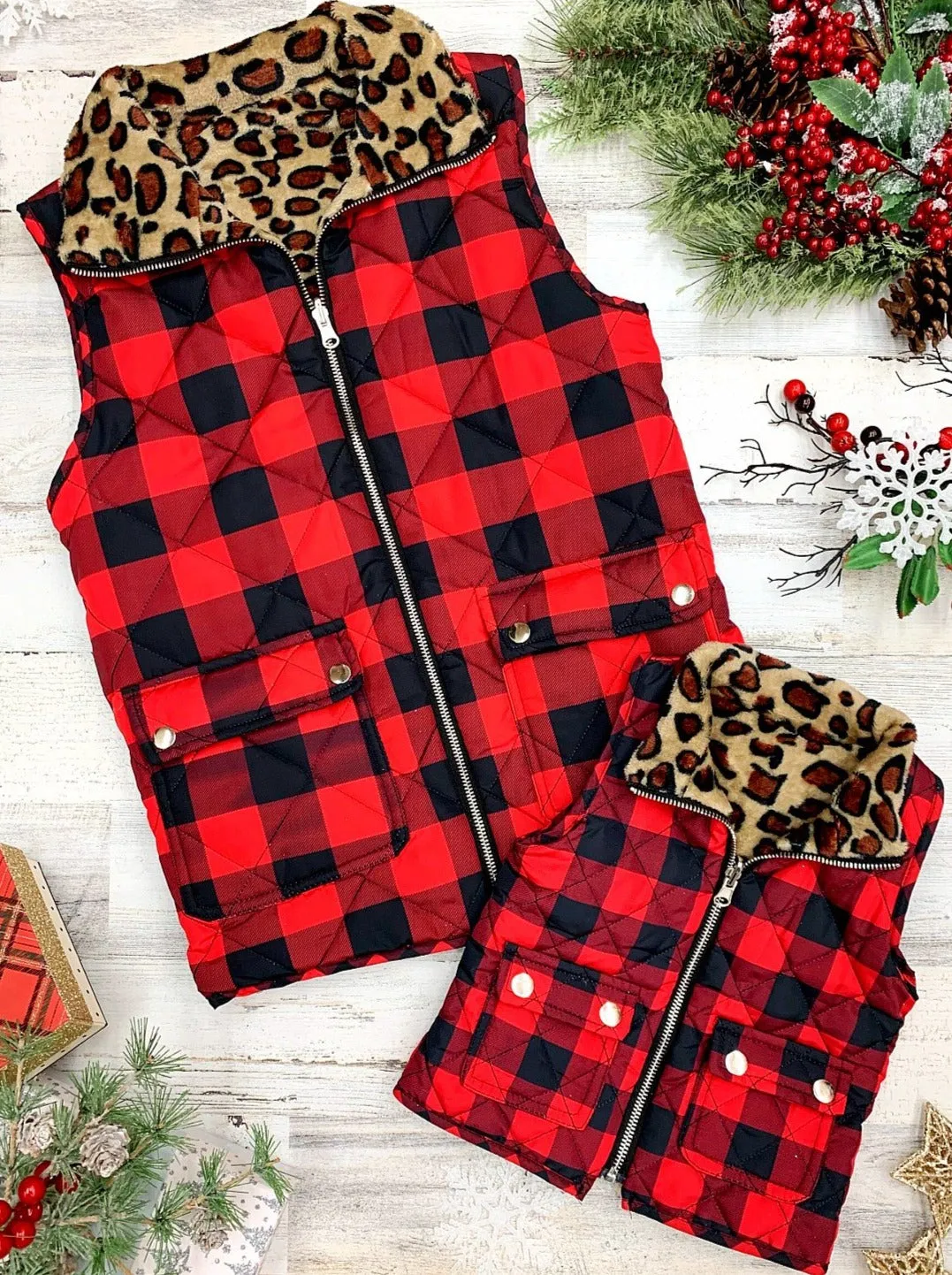 Mommy And Me Leopard Lined Plaid Quilted Vest