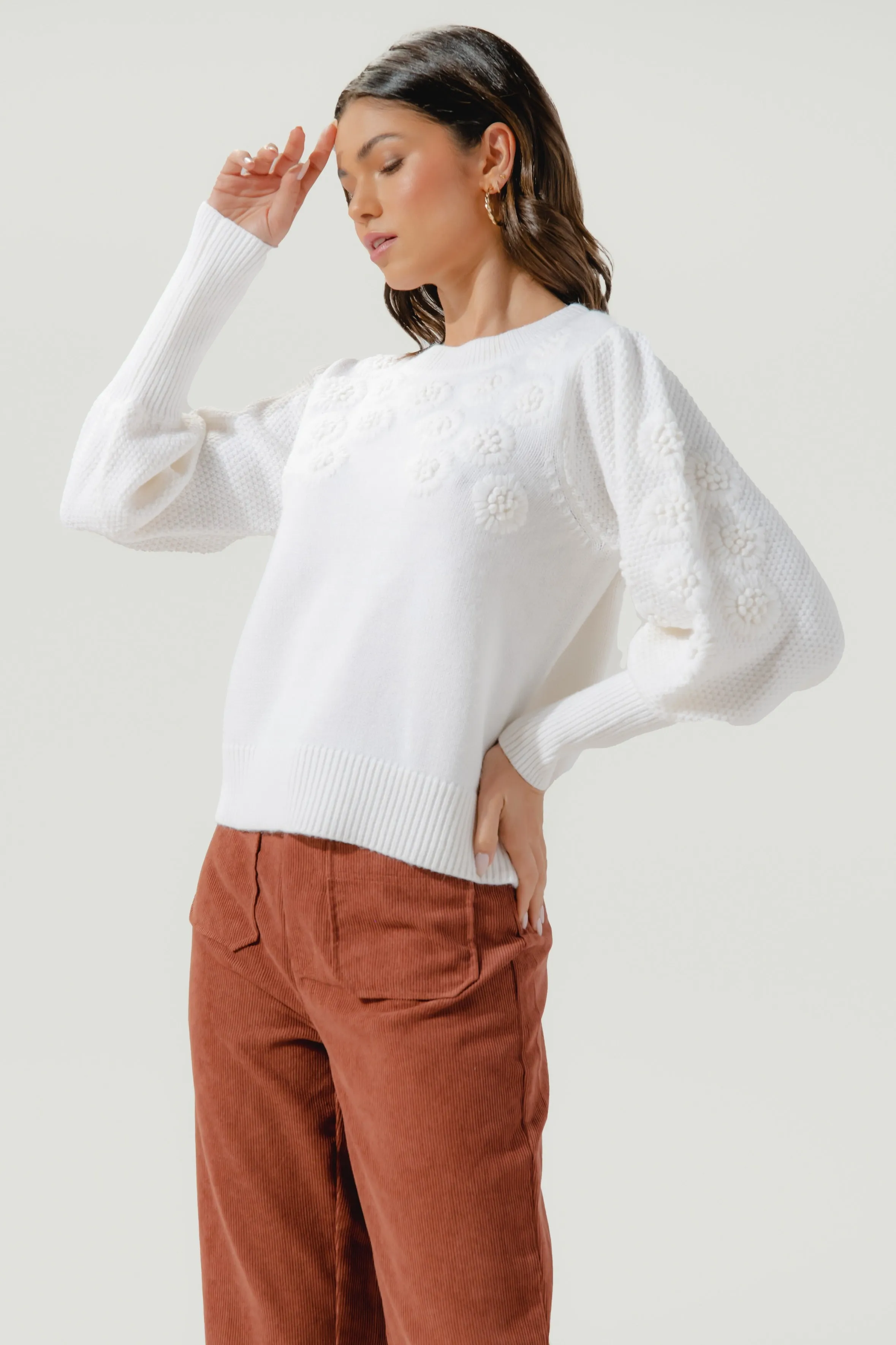 Neva Embroidered Flower Mutton Sleeve Sweater