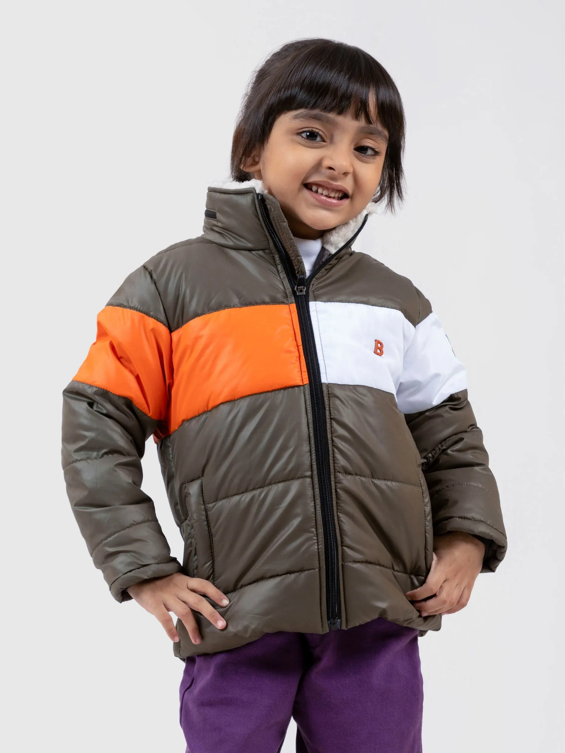 Olive & Orange Casual Puffer Jacket With Sherpa & Hidden Hoodie - Unisex