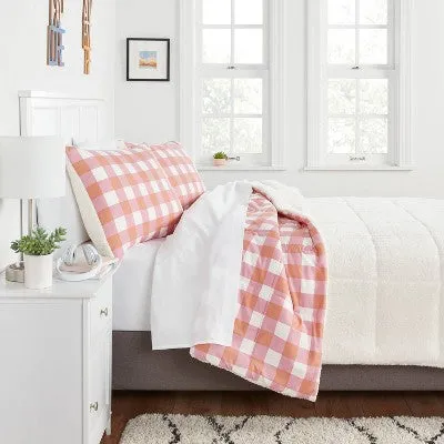 Open Box - Twin/Twin Extra Long Faux Shearling Microfiber Reversible Comforter Pink/Rust Plaid - Room Essentials: Year-Round, Machine Washable