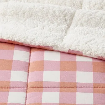Open Box - Twin/Twin Extra Long Faux Shearling Microfiber Reversible Comforter Pink/Rust Plaid - Room Essentials: Year-Round, Machine Washable