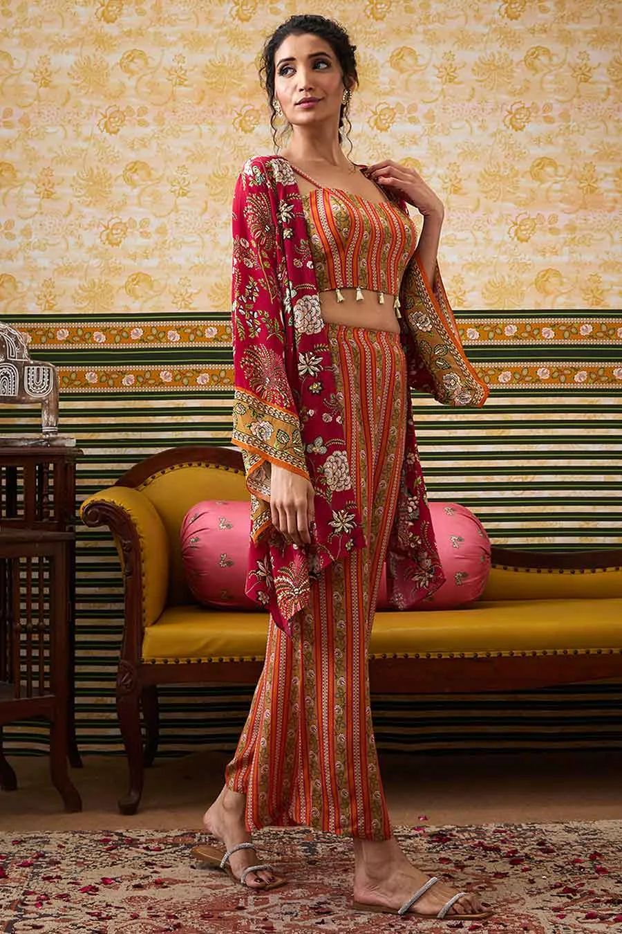 Orange & Pink Mehr Co-Ord Set with Kimono Jacket