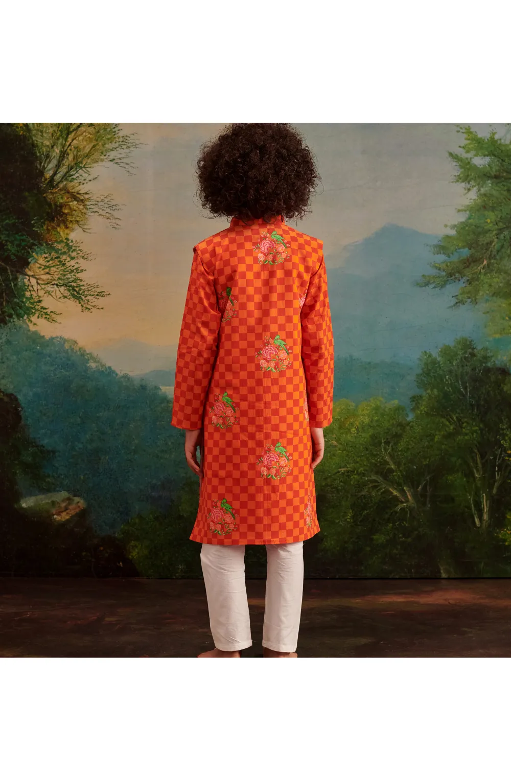 Orange Floral Check Parrot Printed Kurta Jacket With Pyjama Set