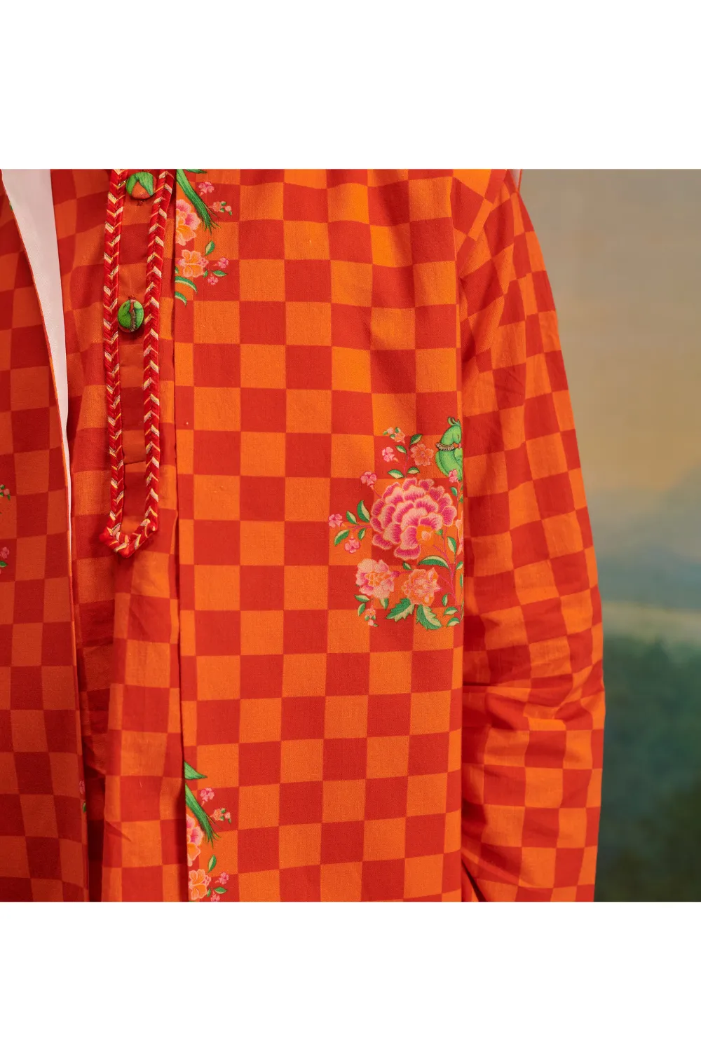 Orange Floral Check Parrot Printed Kurta Jacket With Pyjama Set
