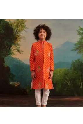 Orange Floral Check Parrot Printed Kurta Jacket With Pyjama Set