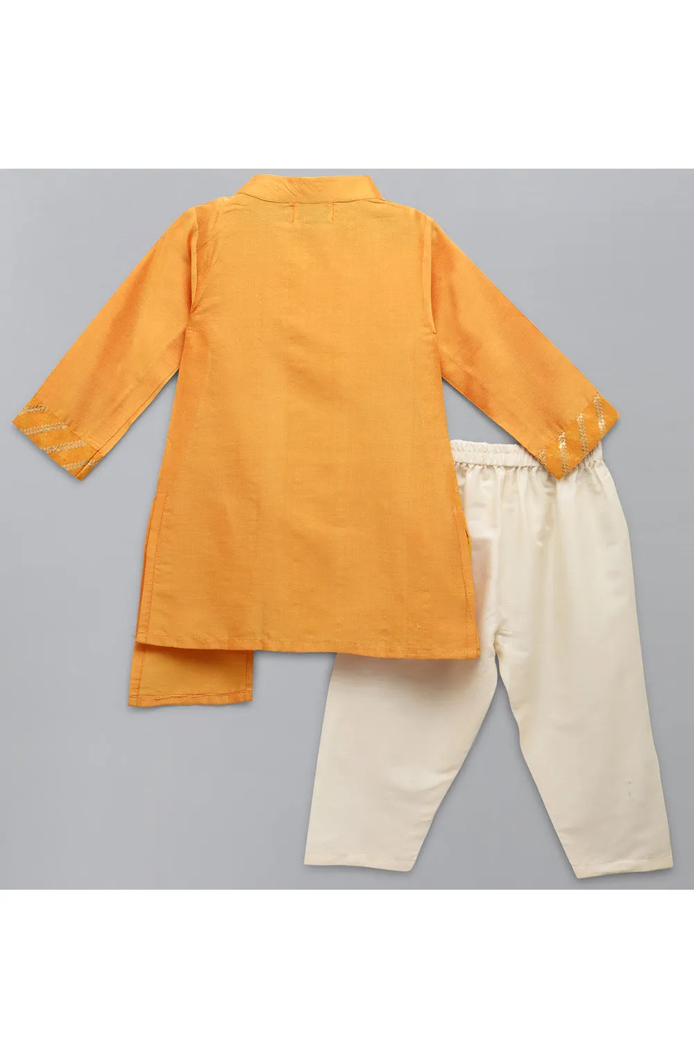 Orange Kurta With Asymmetrical Attached Jacket And Off White Pyjama