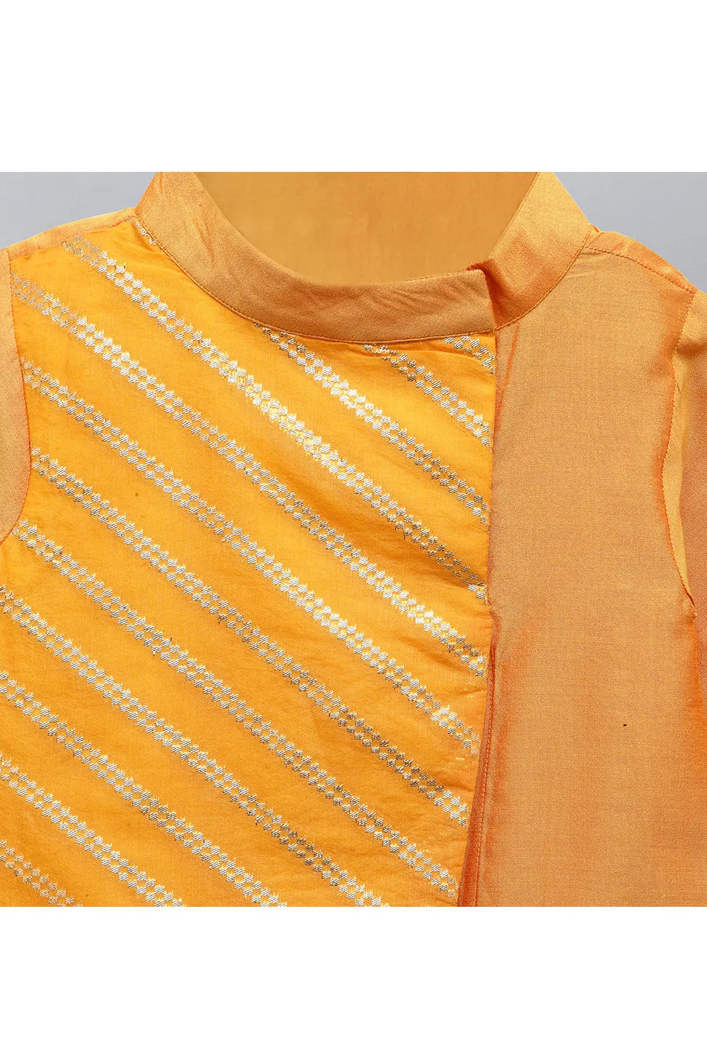 Orange Kurta With Asymmetrical Attached Jacket And Off White Pyjama