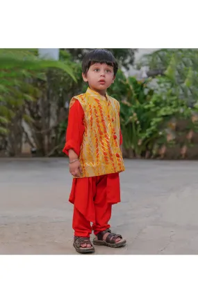 Orange Rayon Kurta With Beige Gota Embroidered Jacket Set