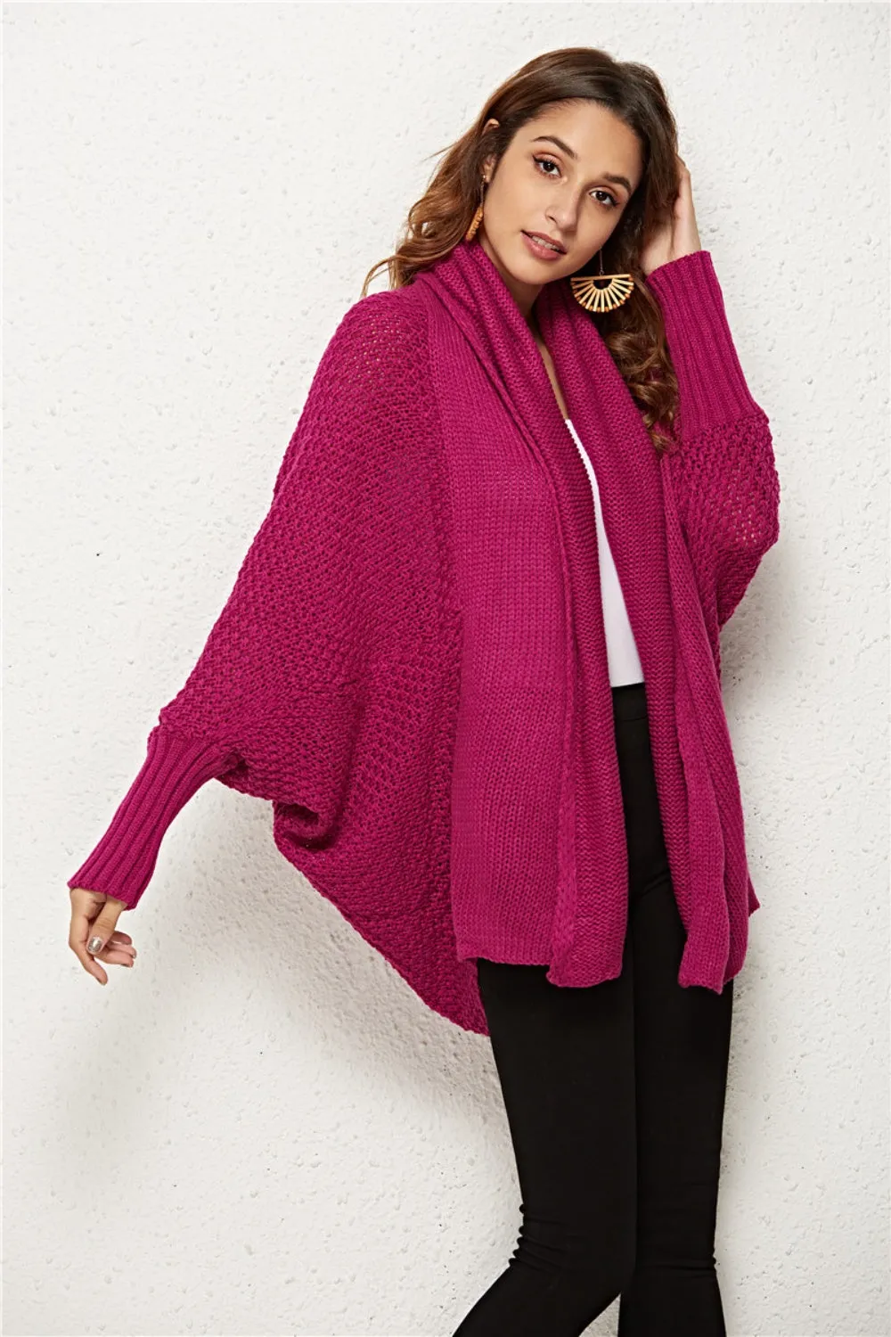 Oversized Knit Cardigan Batwing Sleeve Lightweight Baggy Open Front Sweater