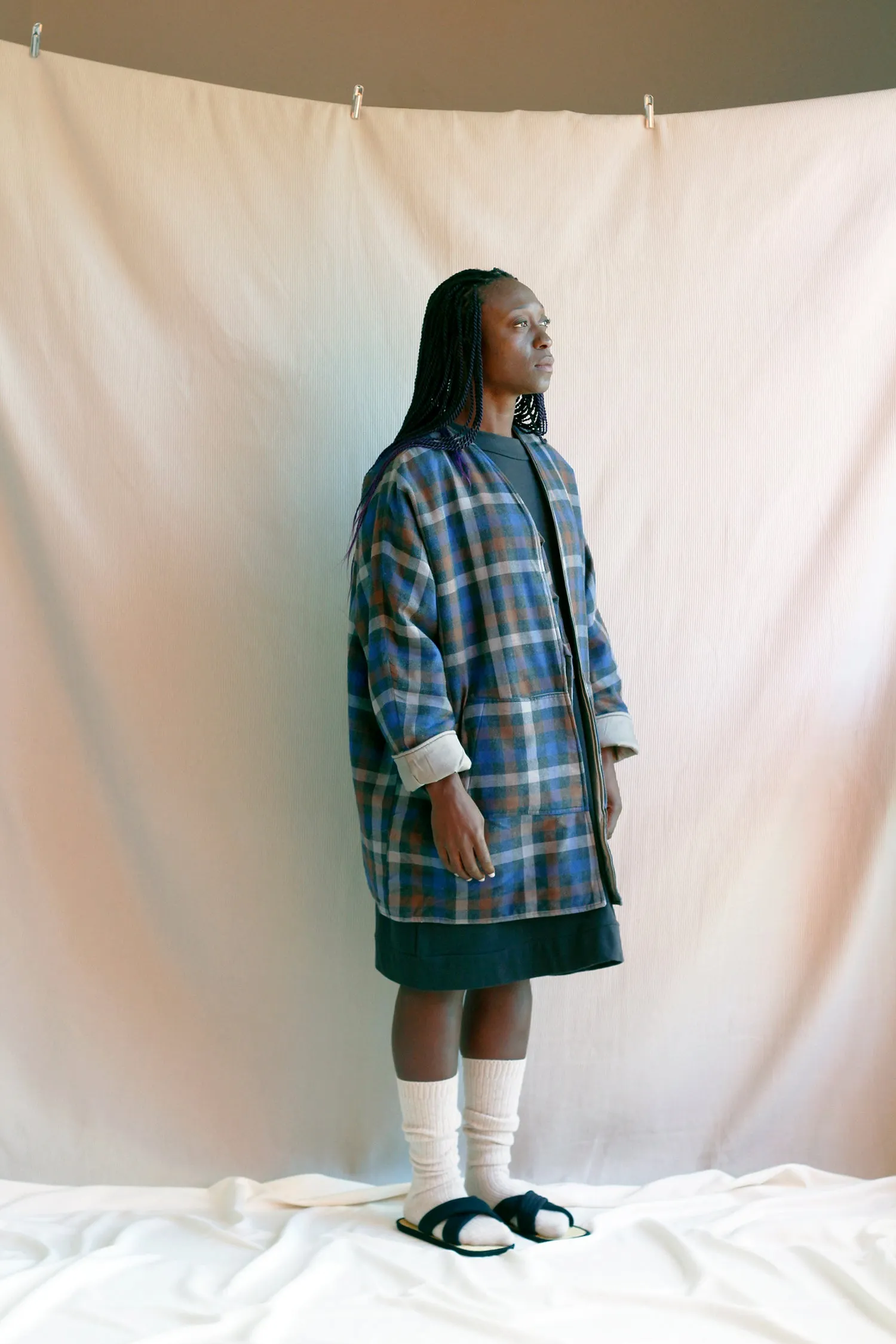 Padded Coat in Checked Blue Flannel