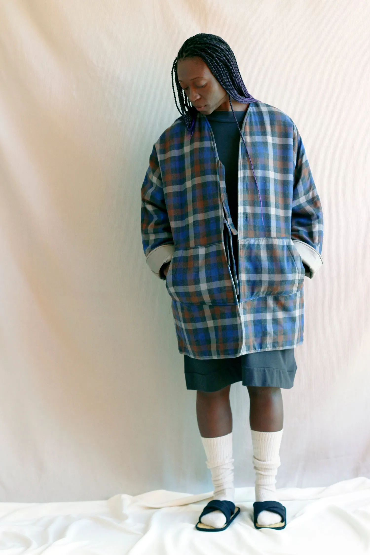 Padded Coat in Checked Blue Flannel