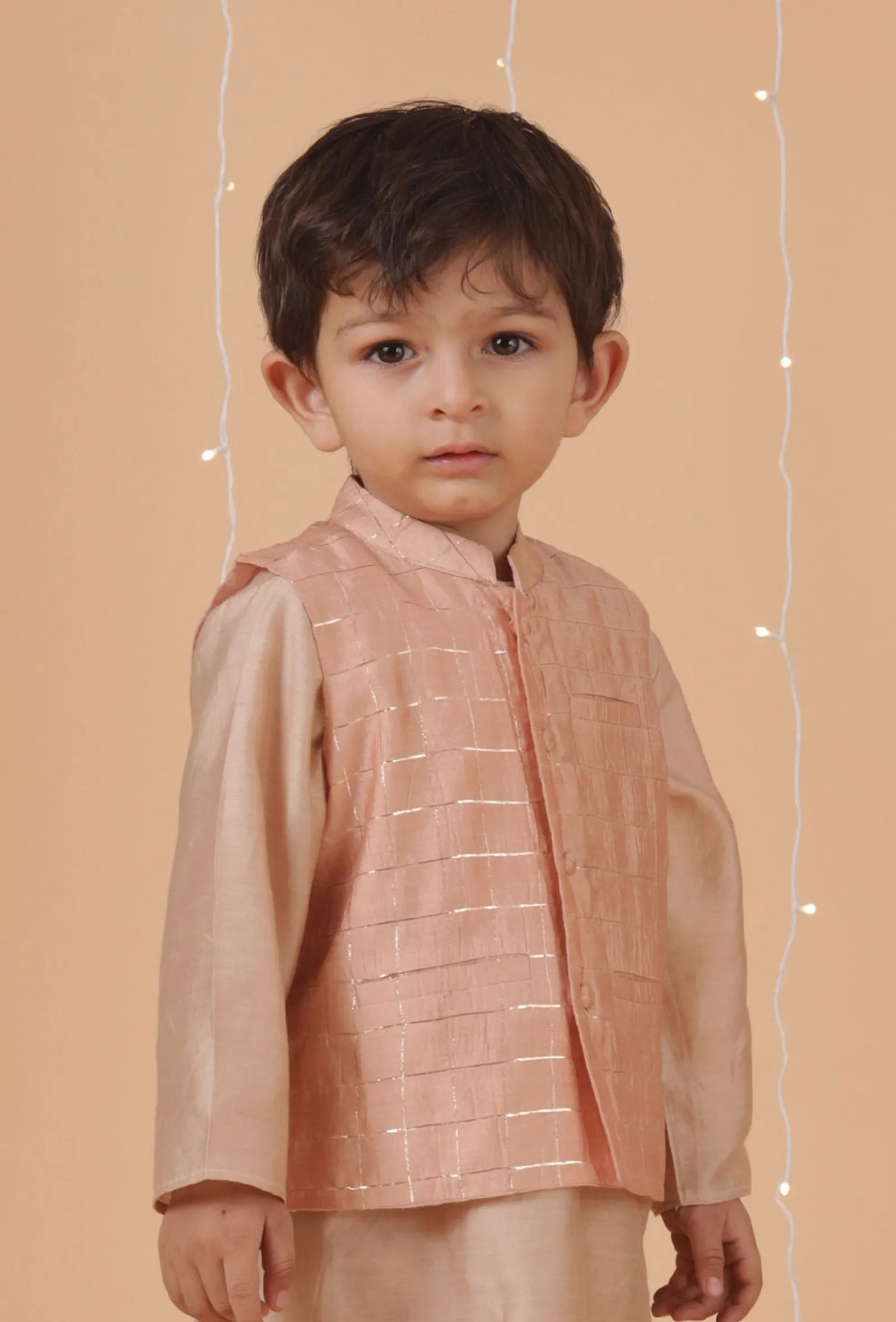 Peach Check Chanderi Nehru Jacket