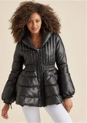 Peplum Puffer Jacket - Black
