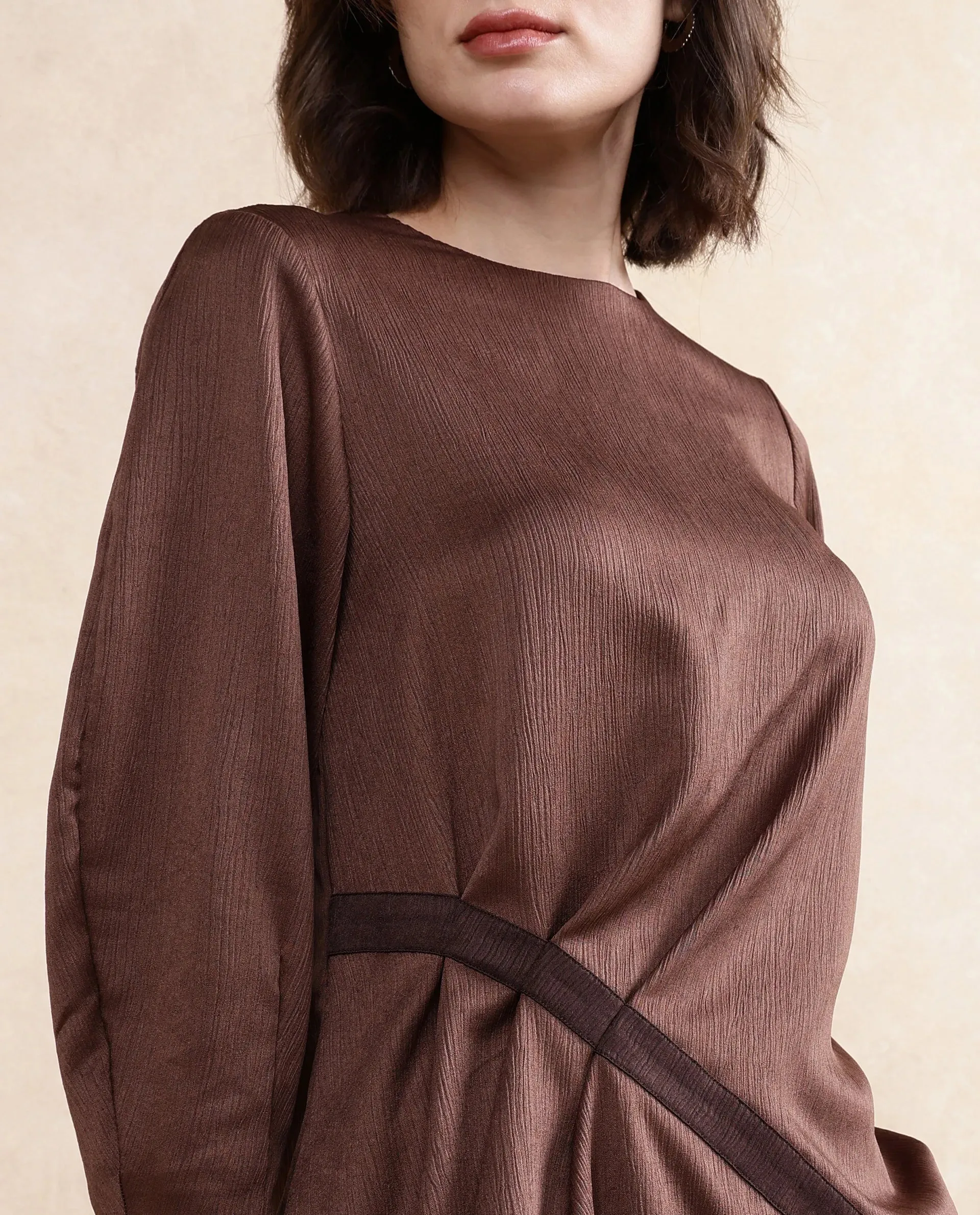 Rareism Women Ced Brown Volume Sleeve Round Neck Zipper Closure Plain Top