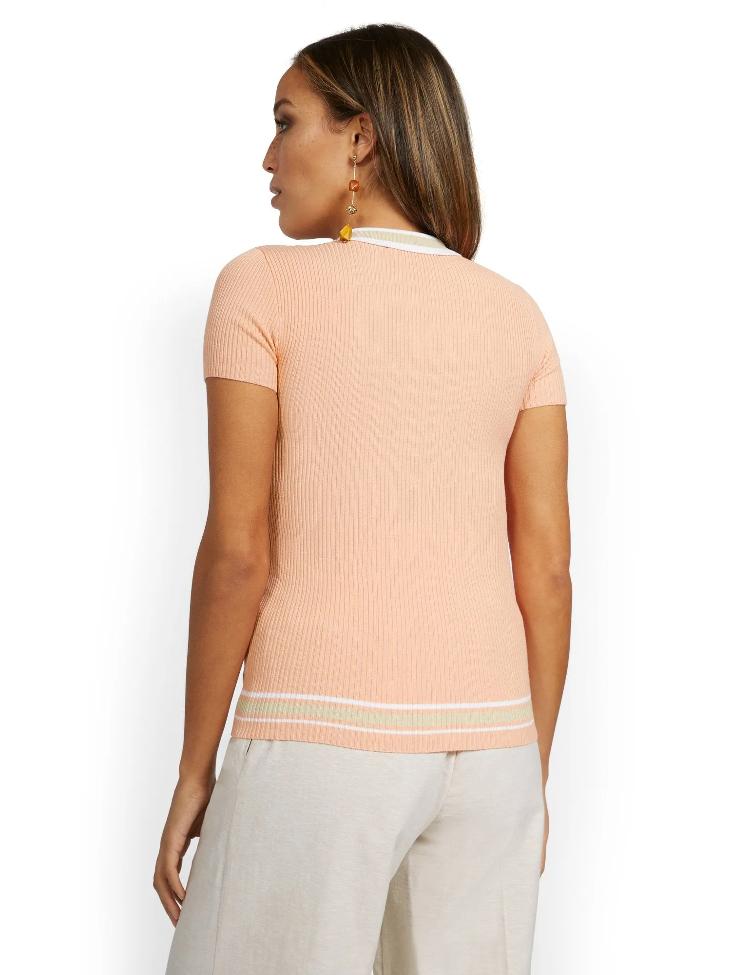 Short-Sleeve Stripe Rib Polo Sweater