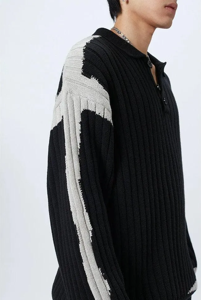 Striped Ribbed Knit Polo Sweater with Contrast Detail