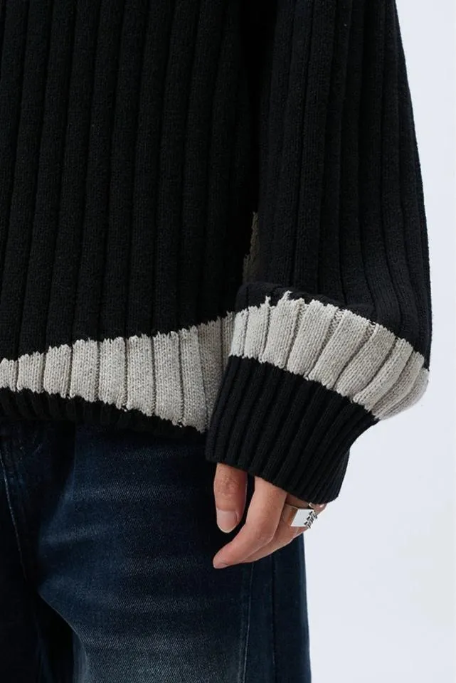 Striped Ribbed Knit Polo Sweater with Contrast Detail