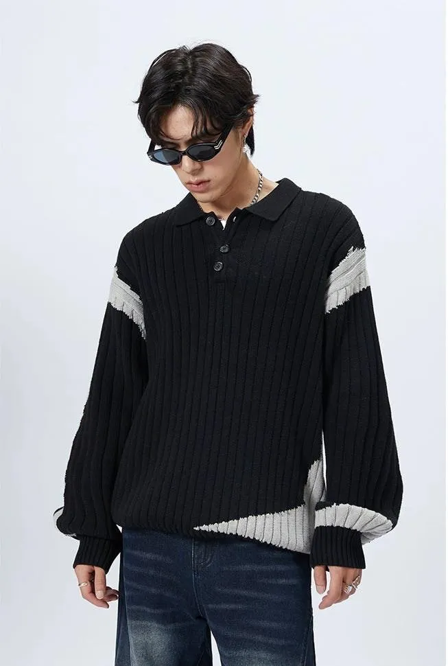 Striped Ribbed Knit Polo Sweater with Contrast Detail