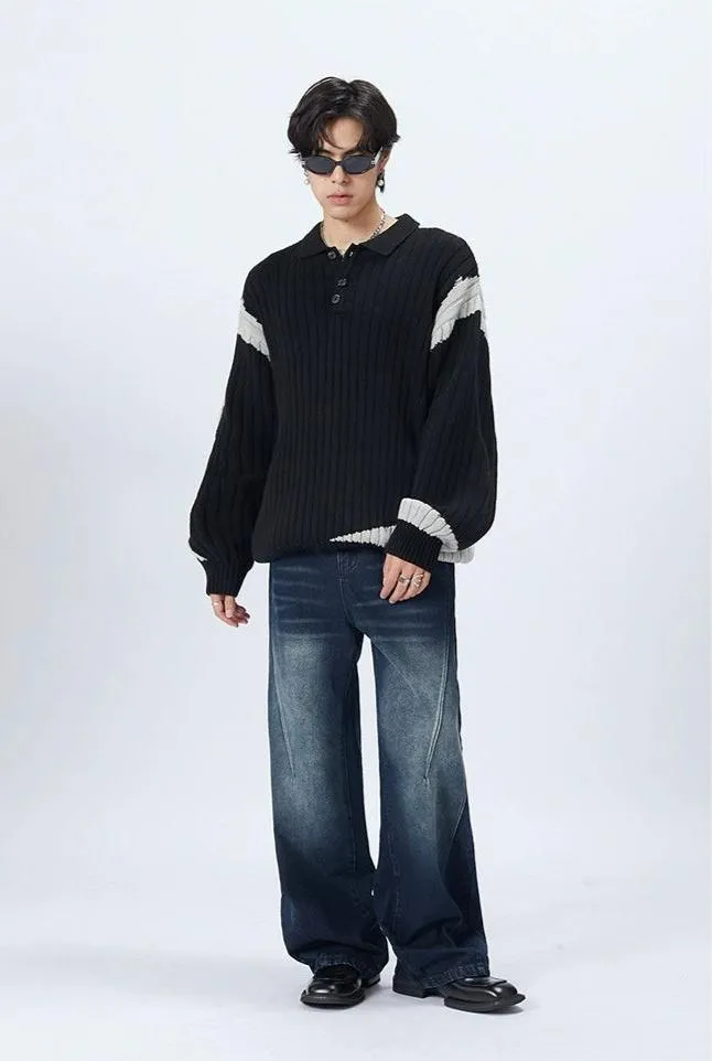 Striped Ribbed Knit Polo Sweater with Contrast Detail