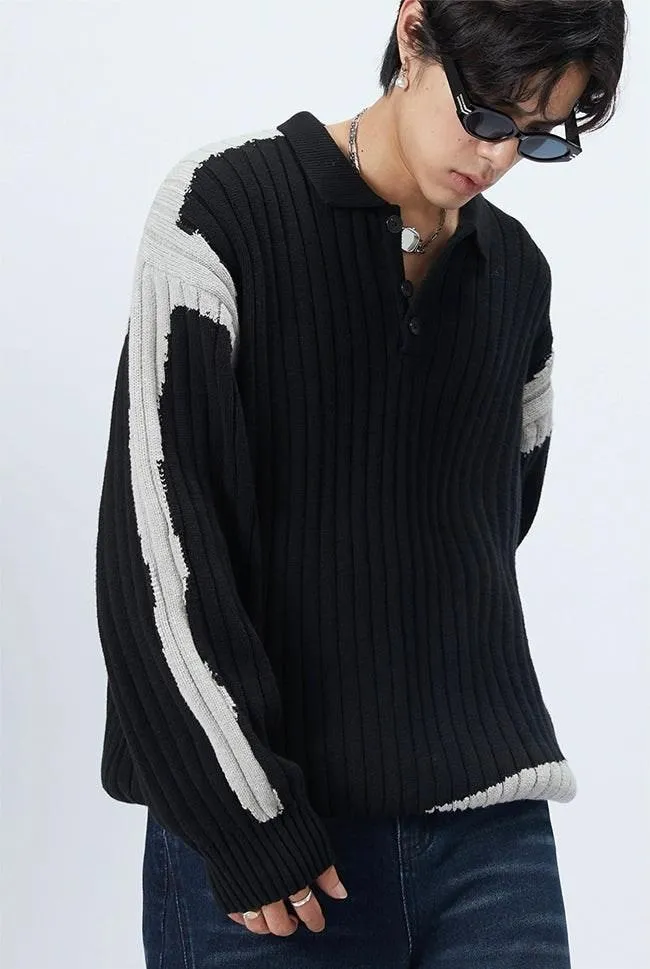 Striped Ribbed Knit Polo Sweater with Contrast Detail