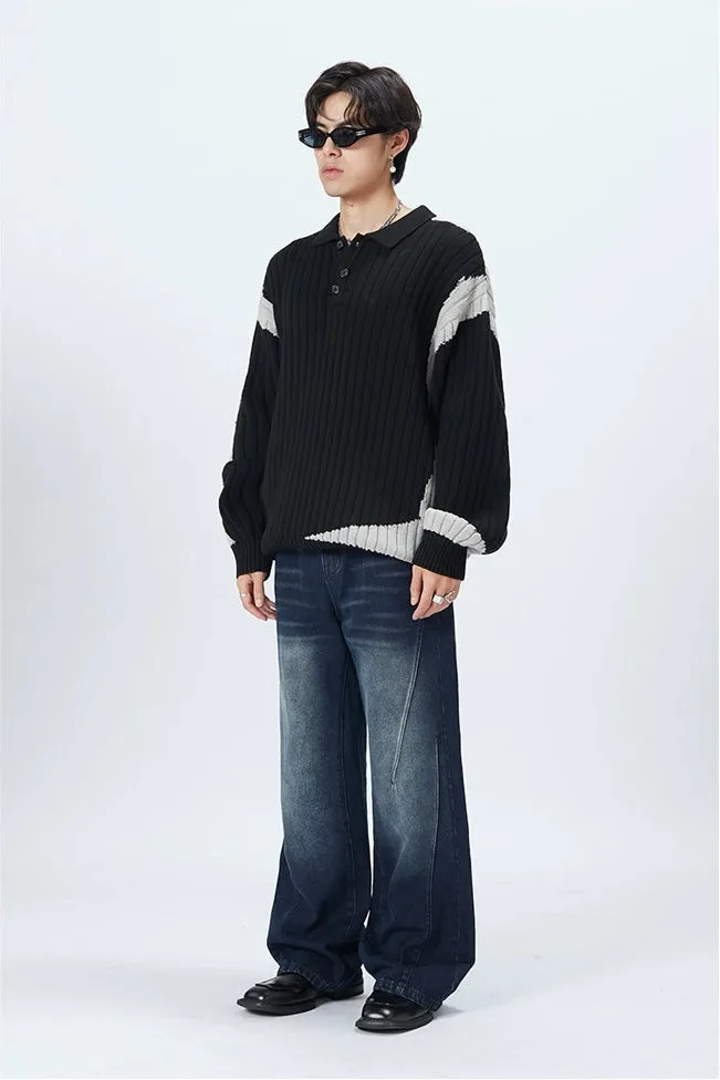 Striped Ribbed Knit Polo Sweater with Contrast Detail