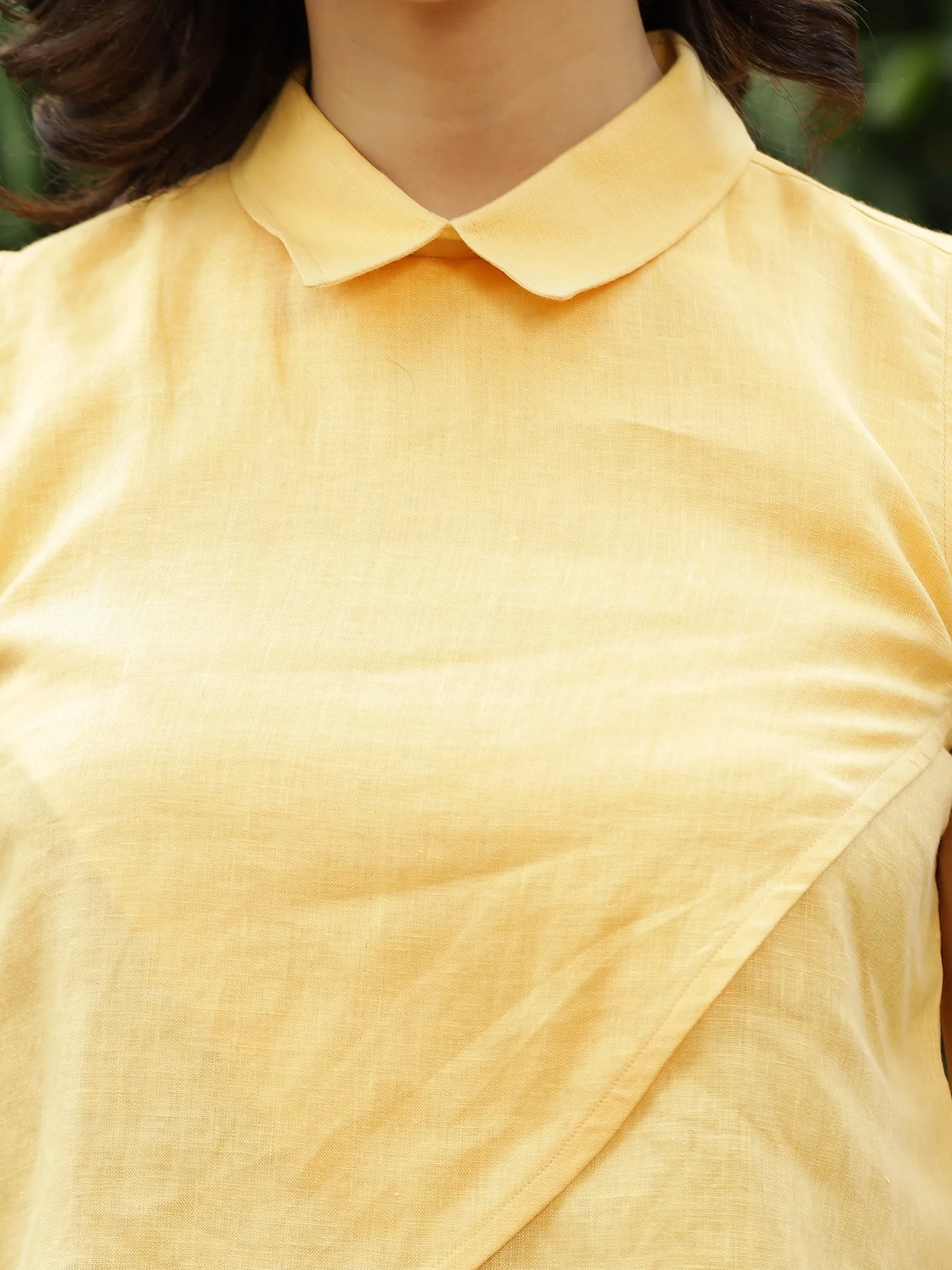 Summer - Pure Linen Sleeveless Overlapped Crop Top - Spectra Yellow