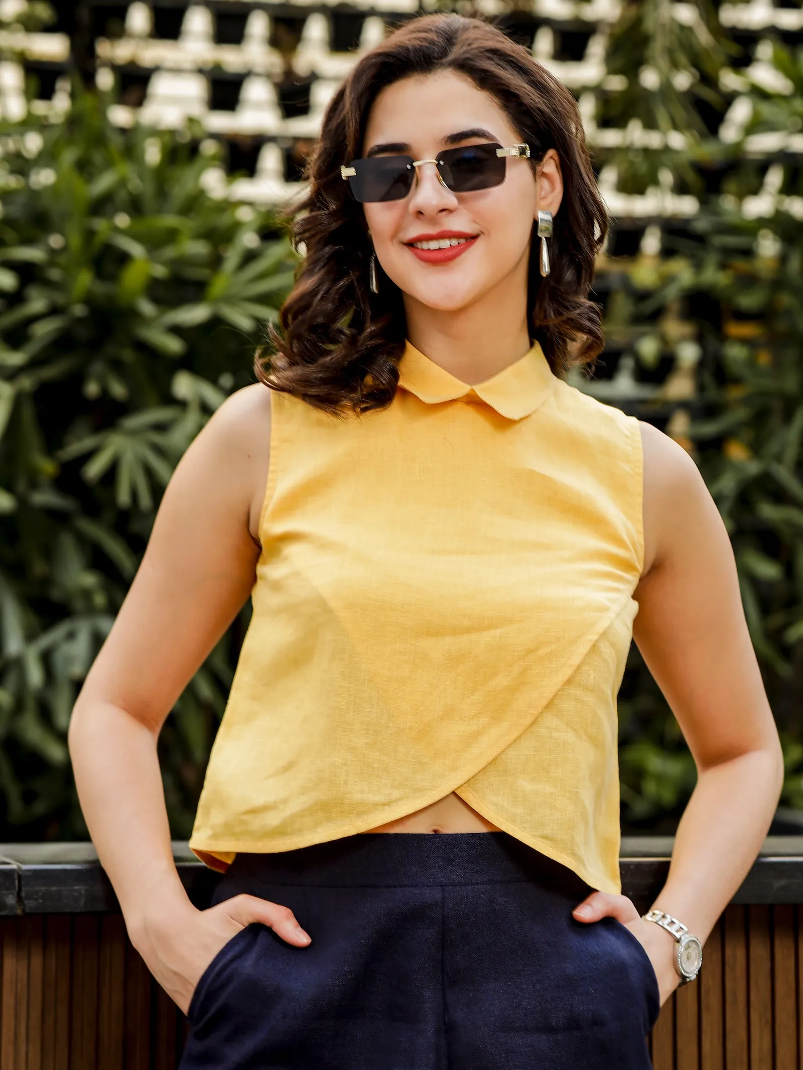 Summer - Pure Linen Sleeveless Overlapped Crop Top - Spectra Yellow