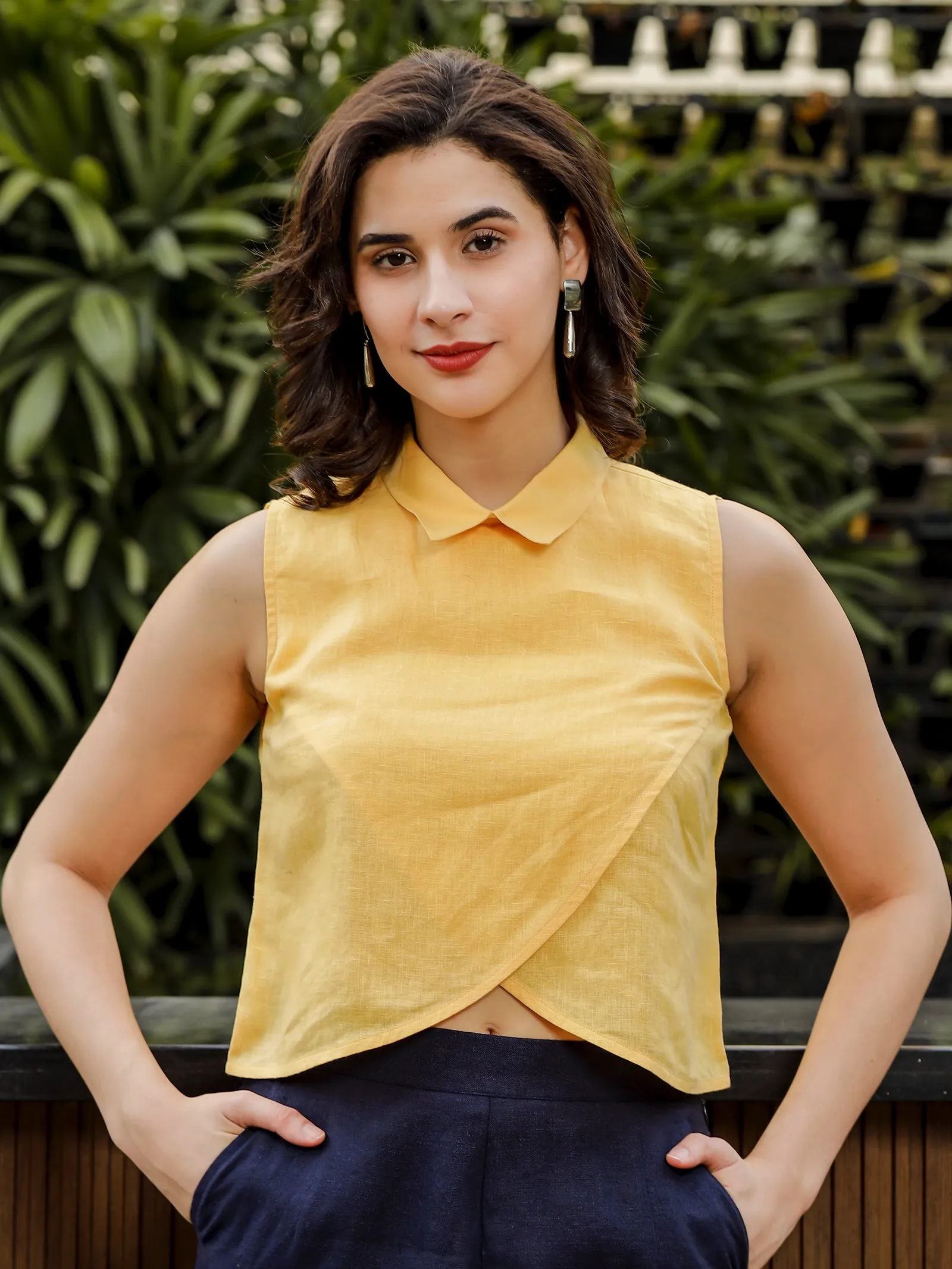 Summer - Pure Linen Sleeveless Overlapped Crop Top - Spectra Yellow