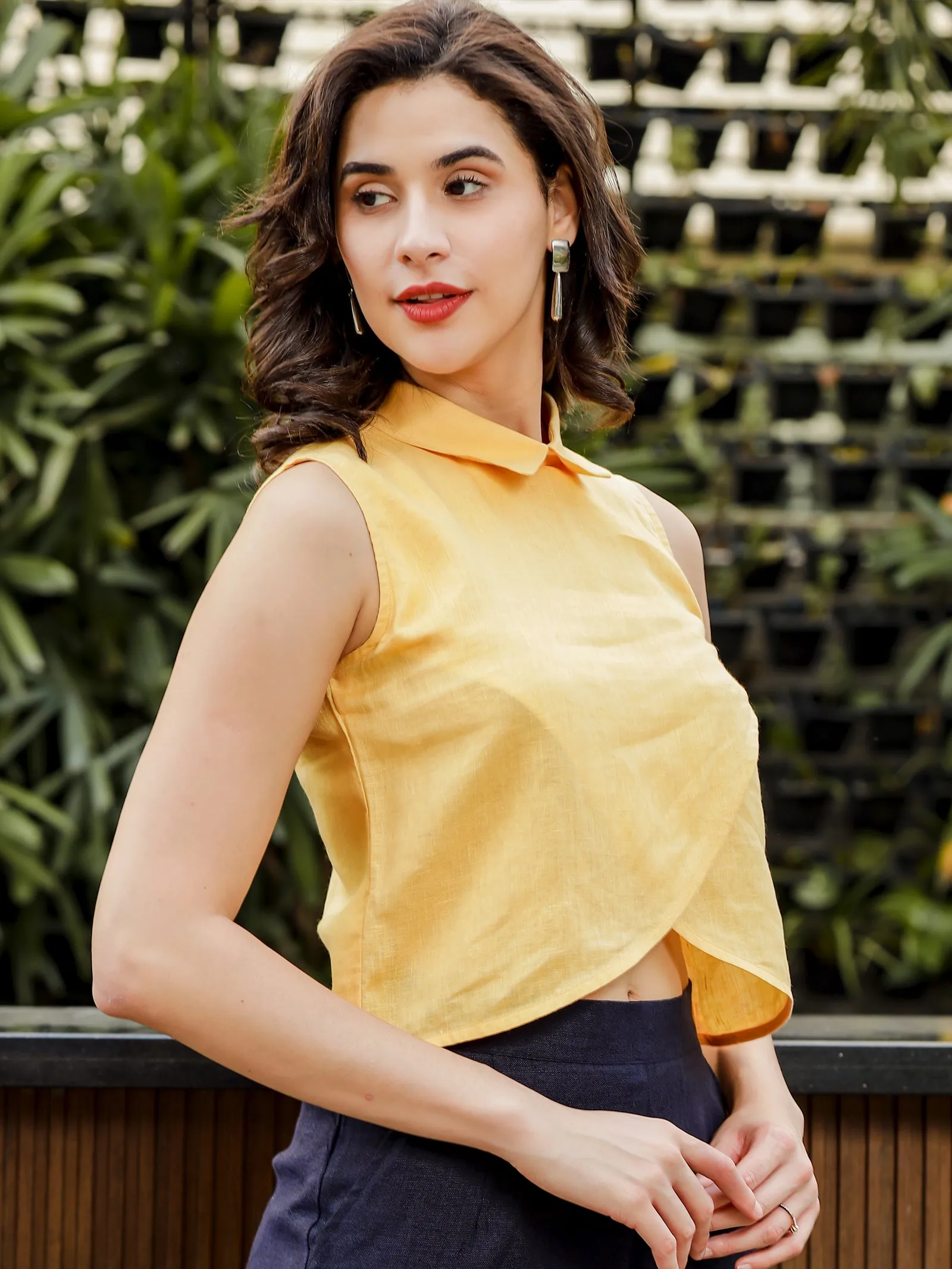 Summer - Pure Linen Sleeveless Overlapped Crop Top - Spectra Yellow