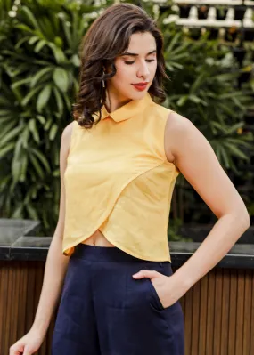 Summer - Pure Linen Sleeveless Overlapped Crop Top - Spectra Yellow