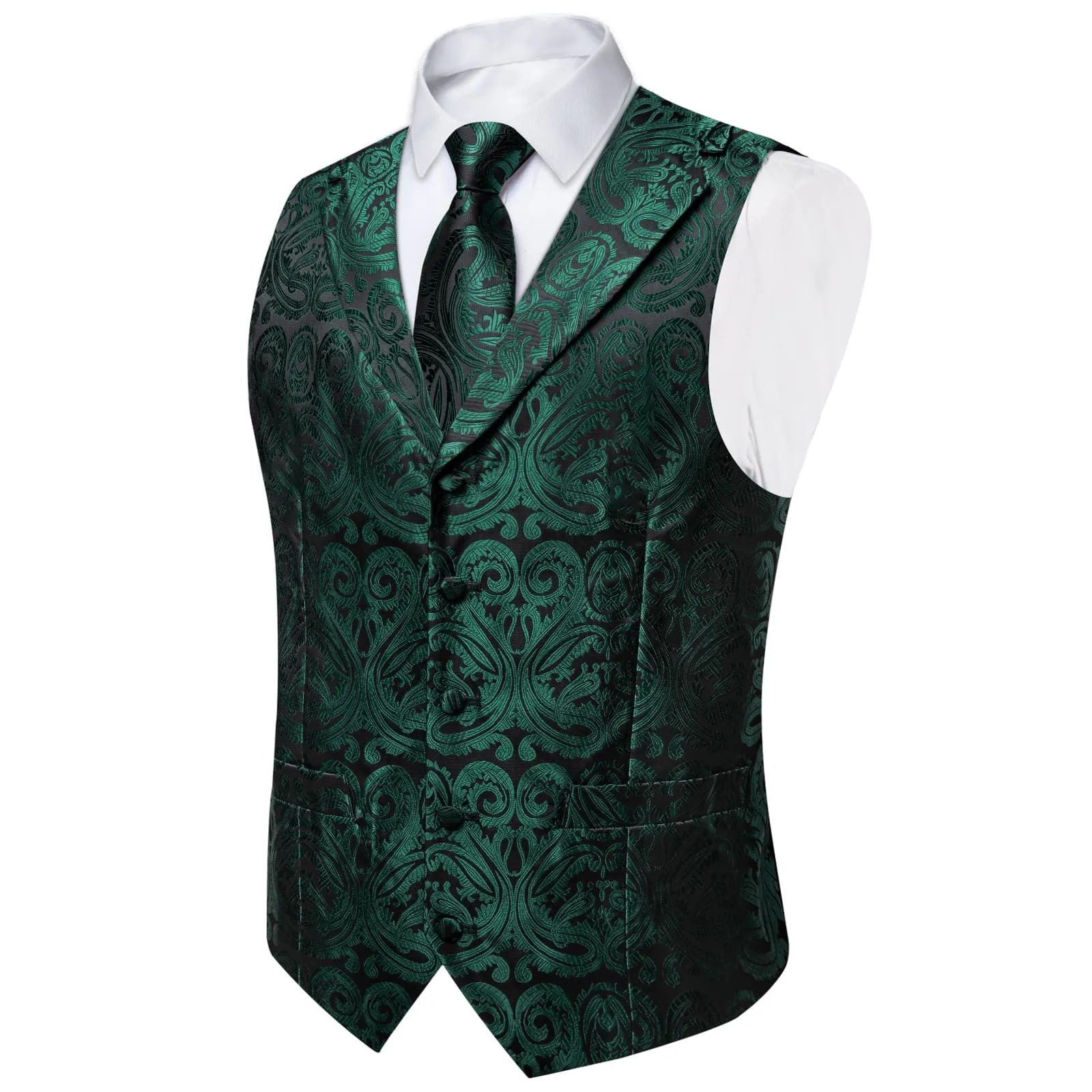Ties2you Work Vest Phthalo Green Paisley Notched Collar Silk Waistcoat Tie Set for Men