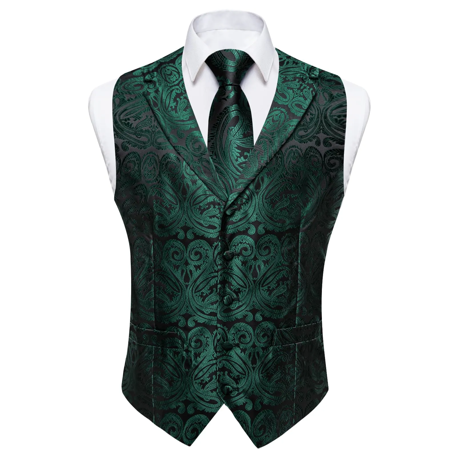 Ties2you Work Vest Phthalo Green Paisley Notched Collar Silk Waistcoat Tie Set for Men