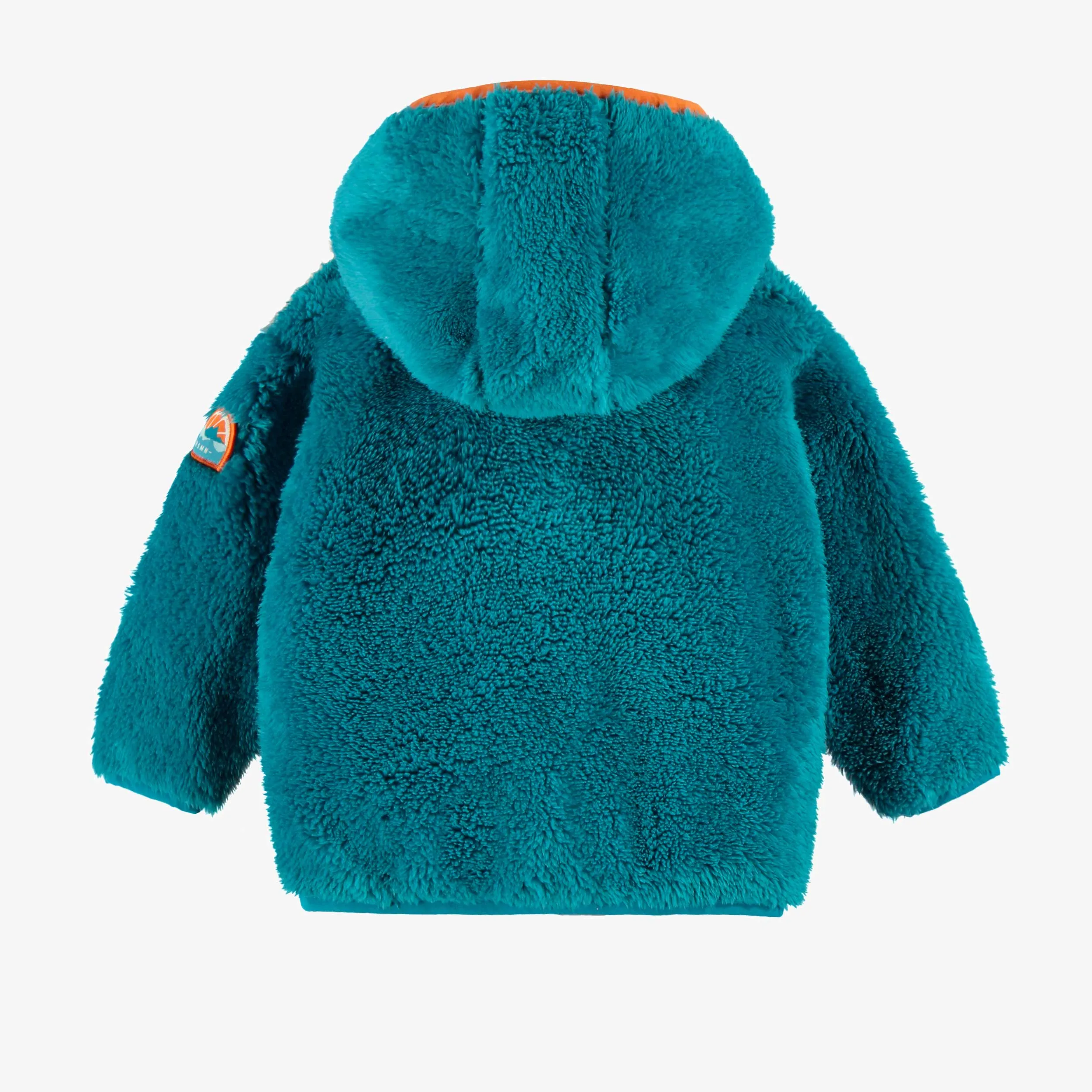 Veste à capuchon en peluche bleue avec blocs de couleur, bébé || Plush blue hooded vest with color blocks, baby