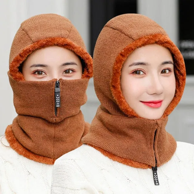 Winter Knitted Add Fur Lined Warm With Zipper Keep Face And Ear Balaclava Knitted Woolen Warm Winter Cap